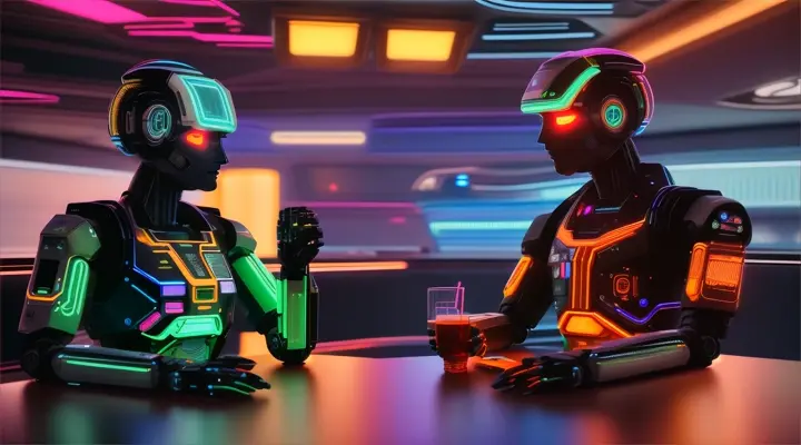 Robot androids drinking in a bar science fiction 