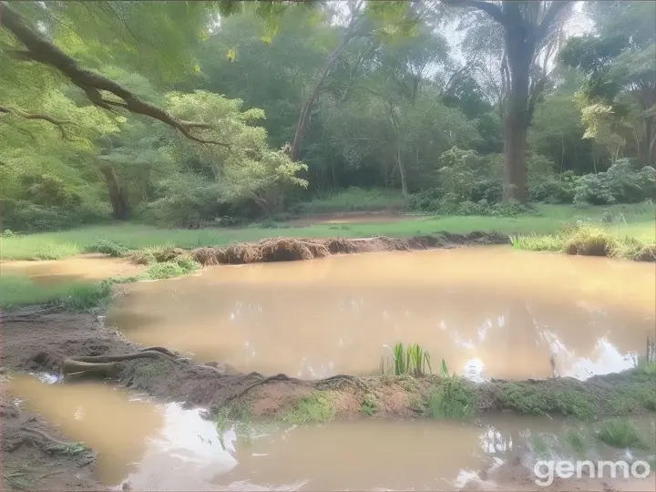 a muddy flowing pond in the middle of a forest with wind blowing