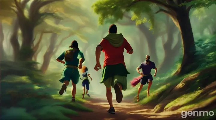 Sinbad and his friends run away through forest 