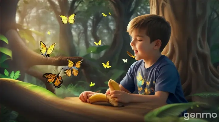 A boy eat banana and feel good with forest animals surrounded by glowing butterflies in a mystical forest, climbing a luminescent tree trunk