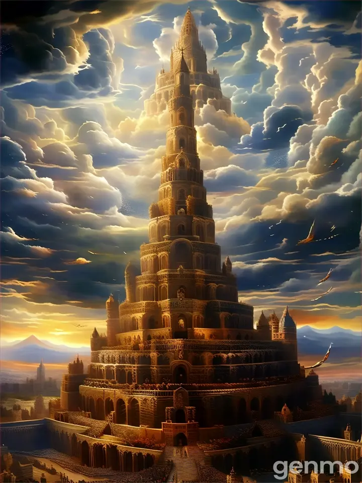 a painting of a tower with a sky background