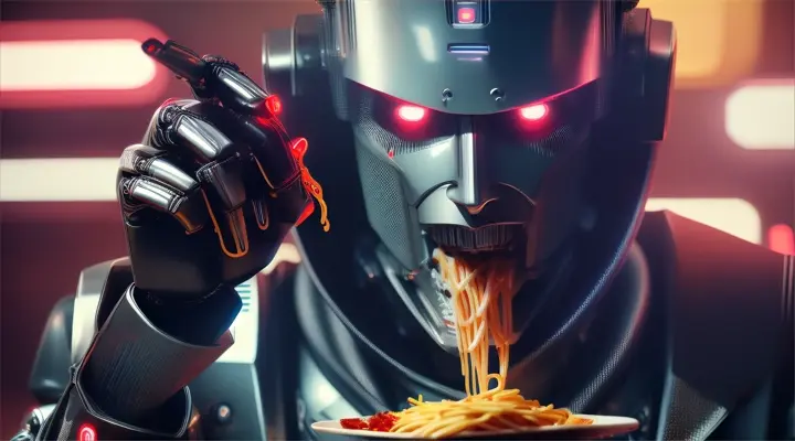 Robot android dressed as gangster eating spaghetti 