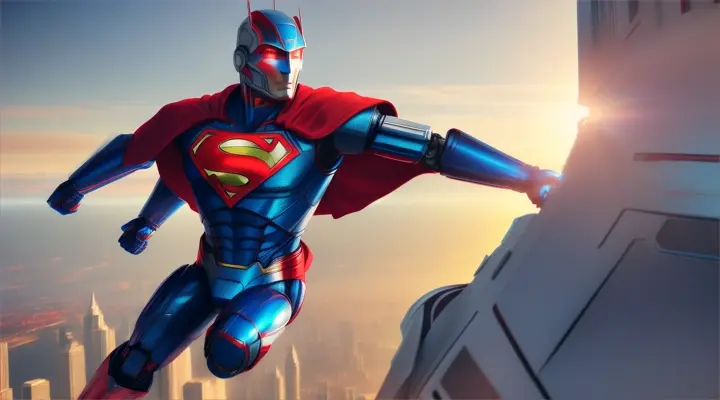 Robot android dressed as Superman flying  