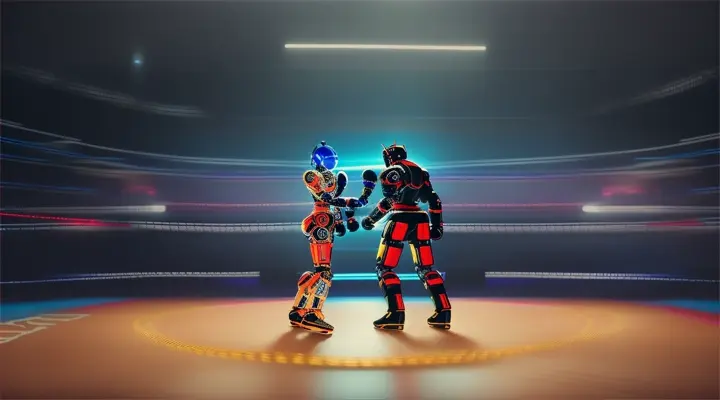 Robot android male hugging a female robot android in a boxing ring in packed arena 