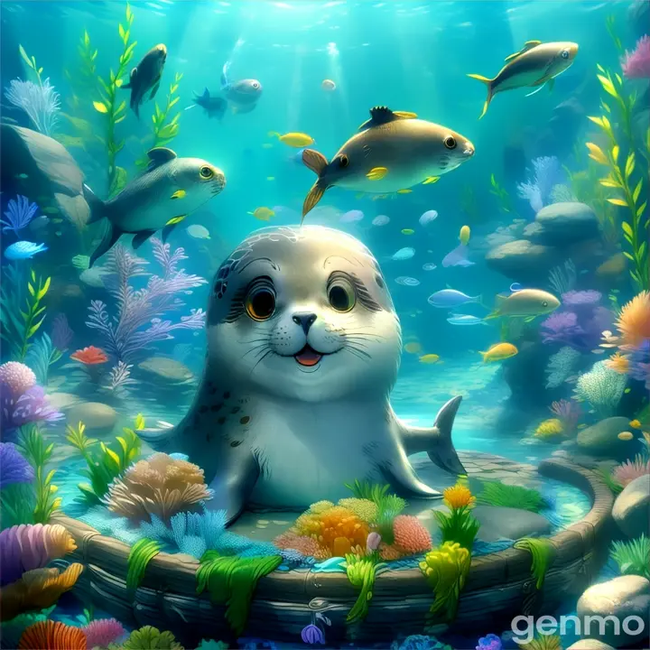 a seal is sitting in an aquarium with fish