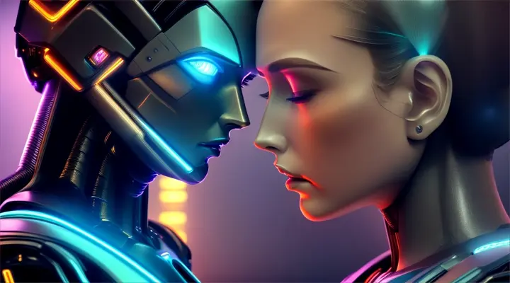 Android robot female leaning into ear of male android robot 