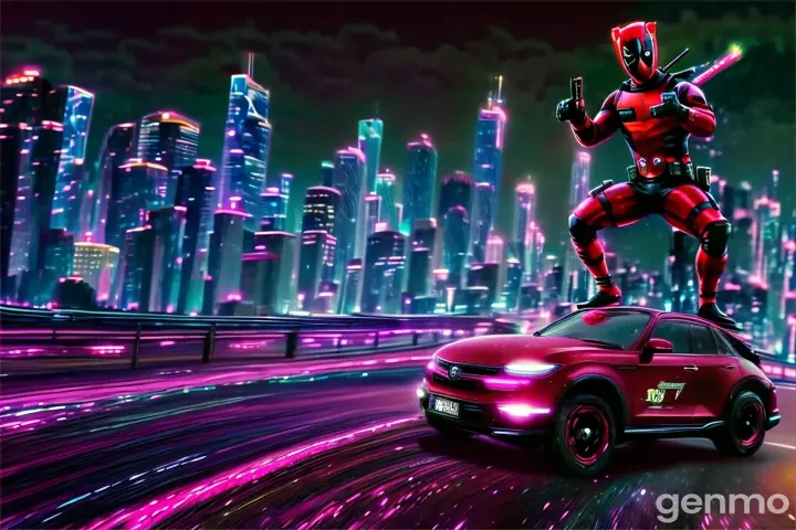 a man in a deadpool costume is driving a car