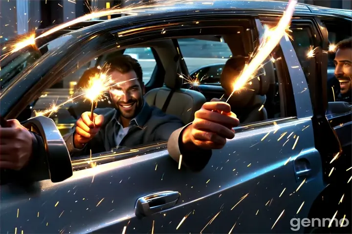 a man holding a sparkler in his hand out of a car window