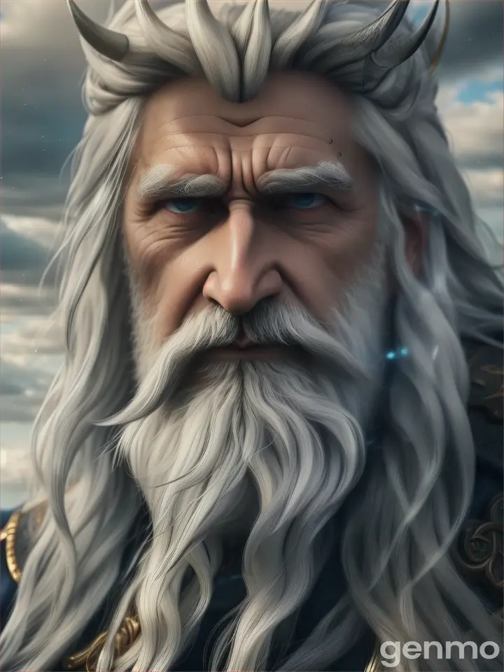 Odin with one goden eye, long beard, grey hair, spirit form