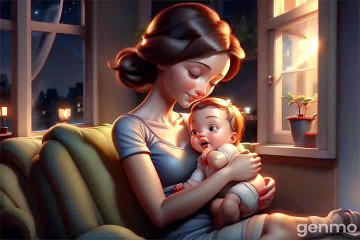 A tender scene of a cute  cartoon mother gently cradling hercute cartoon animated baby in her lap. inside house in night sight outside window 3d images
