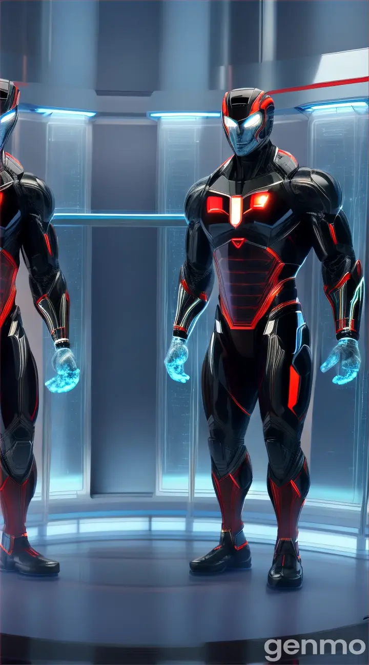 "A futuristic high-tech laboratory with three glass chambers lined up side by side. The center chamber contains a powerful, muscular superhero figure with a red cape and a symbol on the chest, similar to classic comic book heroes, standing in a suspended animation state with glowing energy around his legs. The left chamber contains a glowing double helix DNA strand, illuminated by a bright blue light, representing genetic material. The right chamber houses a realistic chicken standing on the ground, also enclosed in a glass tube. The background is filled with advanced computer screens, cables, and other scientific equipment, all bathed in a cool blue light, giving the scene a sci-fi atmosphere.