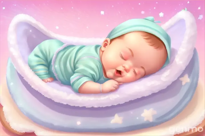 a baby sleeping in a blue blanket on a pink background