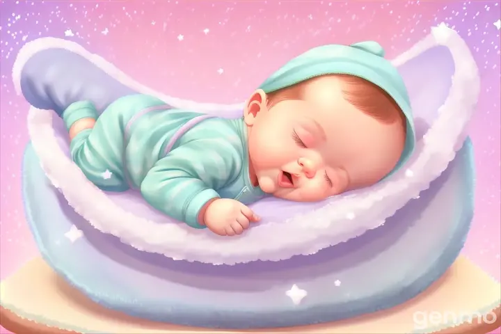 a baby sleeping in a blue blanket on a pink background