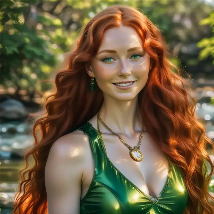a woman with long red hair wearing a green dress