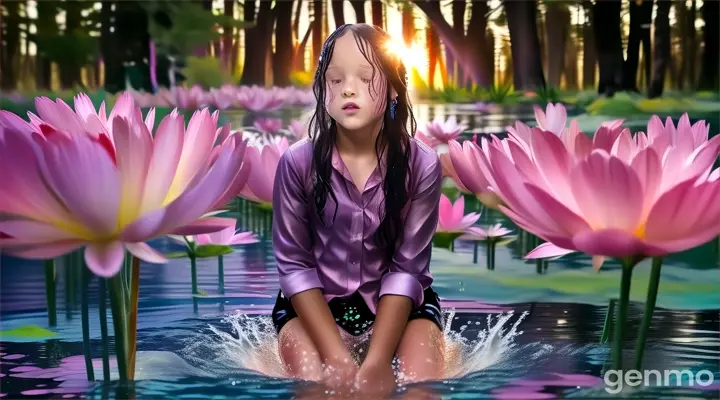 a young girl is sitting in the water surrounded by pink flowers