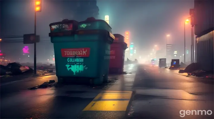 pollution and smog in the big city. Overturned bins with disgusting rubbish and food waste.