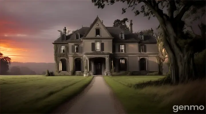 An old, dilapidated mansion at the edge of a quiet village. The mansion's walls are cracked, with overgrown weeds surrounding the area. The sky is dusky, with a fading sunset casting eerie shadows over the mansion, giving it a haunted look.