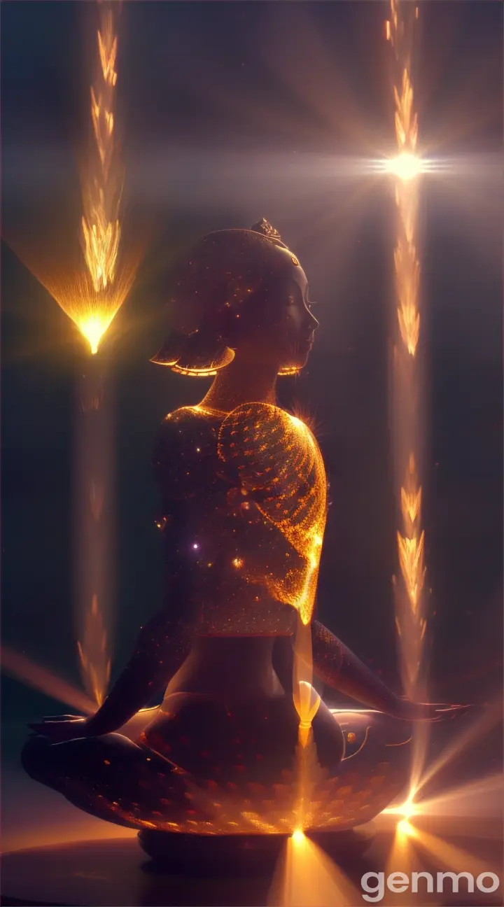 energy embers falling on a meditating human body in lotus pose, rim light. Wide angle. Light rays, bokeh, unusual light,