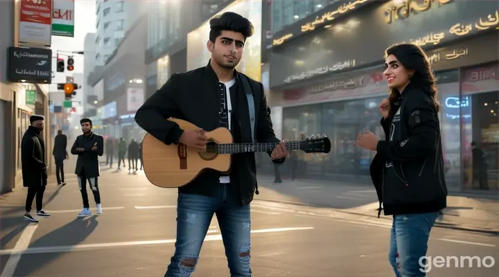 8k wide shot of a young Pakistani man in a bomber jacket and ripped jeans playing guitar on a busy street corner, while a young woman in a sleek black trench coat and skinny jeans stands across the way, smiling at him despite the hustle and bustle around them.
