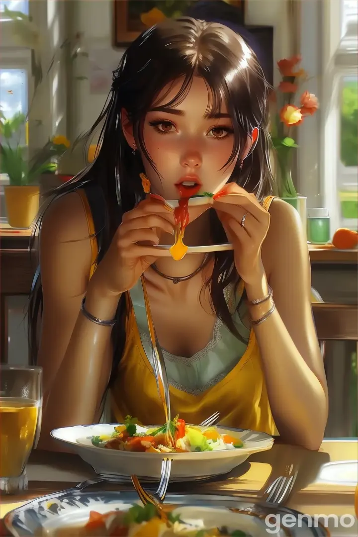 a painting of a woman eating a plate of food