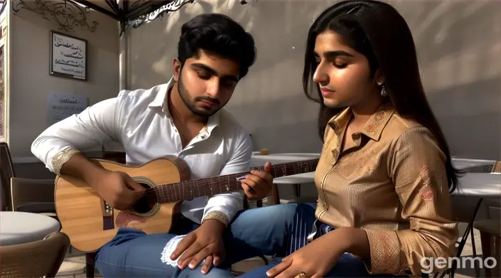 8k wide shot of a young Pakistani man in a sleek button-down shirt and tailored pants playing guitar in a cozy outdoor patio, while a young woman in a chic blouse and culottes sits at a bistro table, her eyes locked on him as she sips a cold drink.