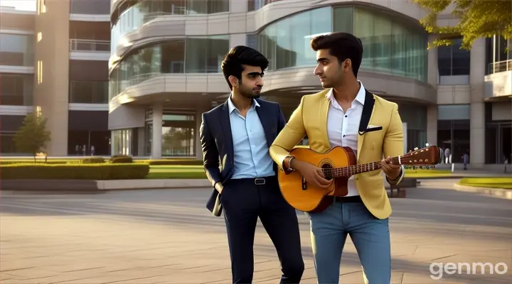 8k wide shot of a young Pakistani man in a casual button-down shirt and chinos playing guitar on a modern university campus, surrounded by sleek architecture, with a young woman in a stylish blazer and jeans standing a few steps away, watching him with a look of admiration.