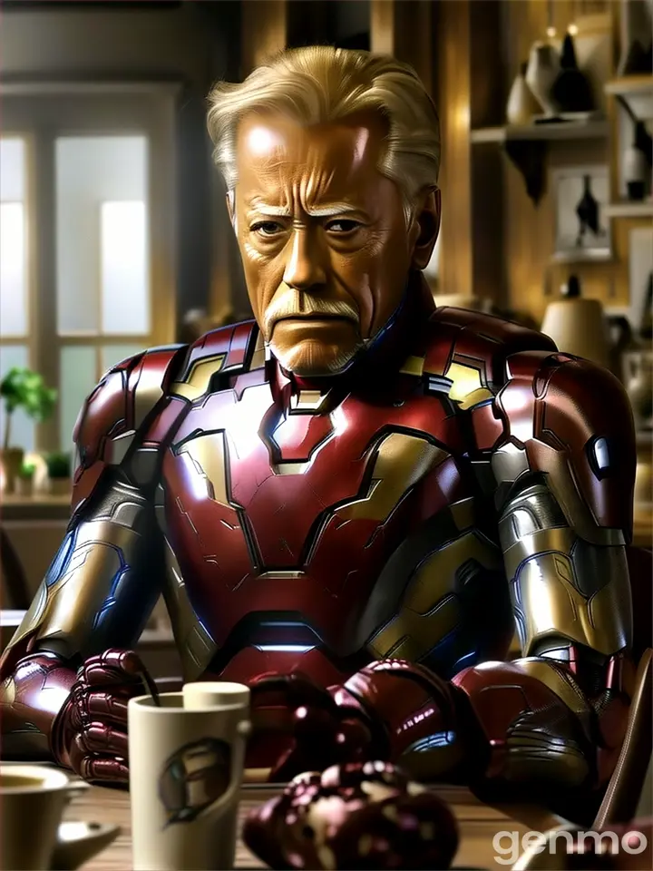 an old ironman sitting at a table