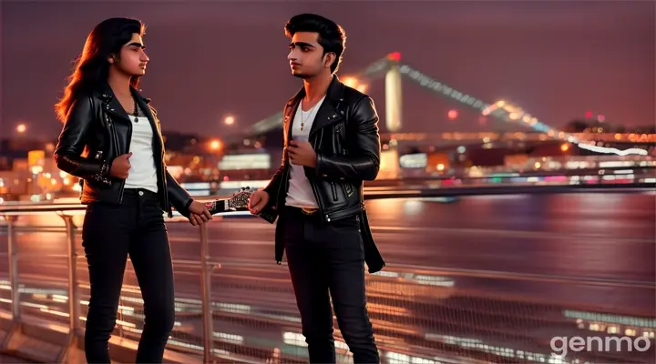 8k wide shot of a young Pakistani man in a stylish vest and dark jeans playing guitar on a modern bridge with city lights twinkling behind him, while a young woman in a trendy leather jacket and skirt leans on the railing, completely absorbed in his performance.