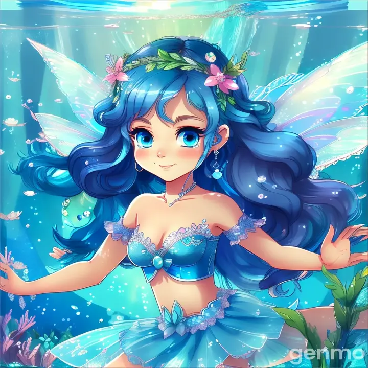  a beautiful fairy with blue hair wearing blue lehehengaa swiiming under the water D animation cartoon zoom out 