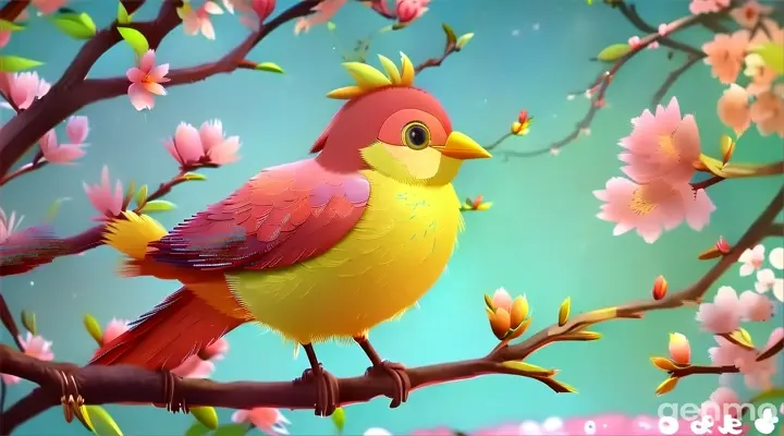 a bird sitting on a branch with pink flowers