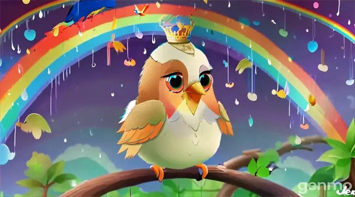 a bird sitting on a branch with a rainbow in the background