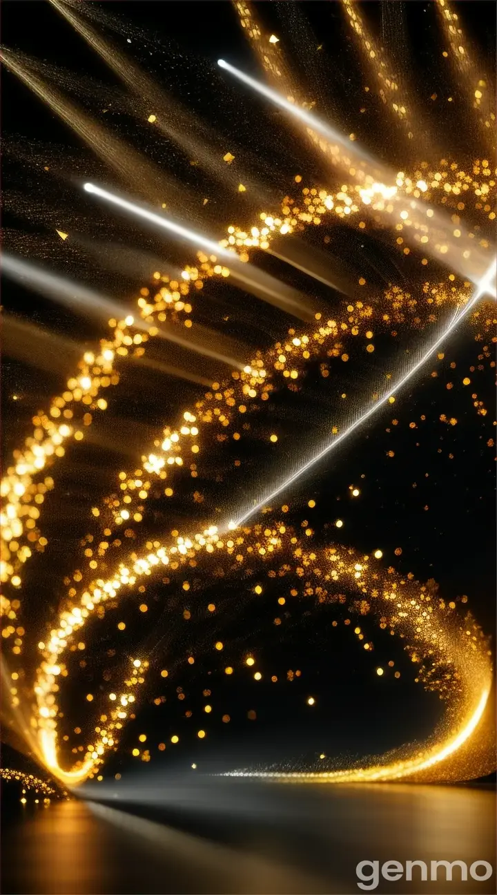 golden particles moving on a black background,dynamic lighting,rim light,low key
