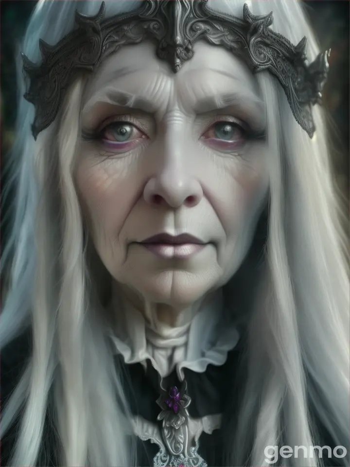 a beautiful old gothic woman with long silver-white hair, pale white skin & grey eyes, otherworldly, ethereal