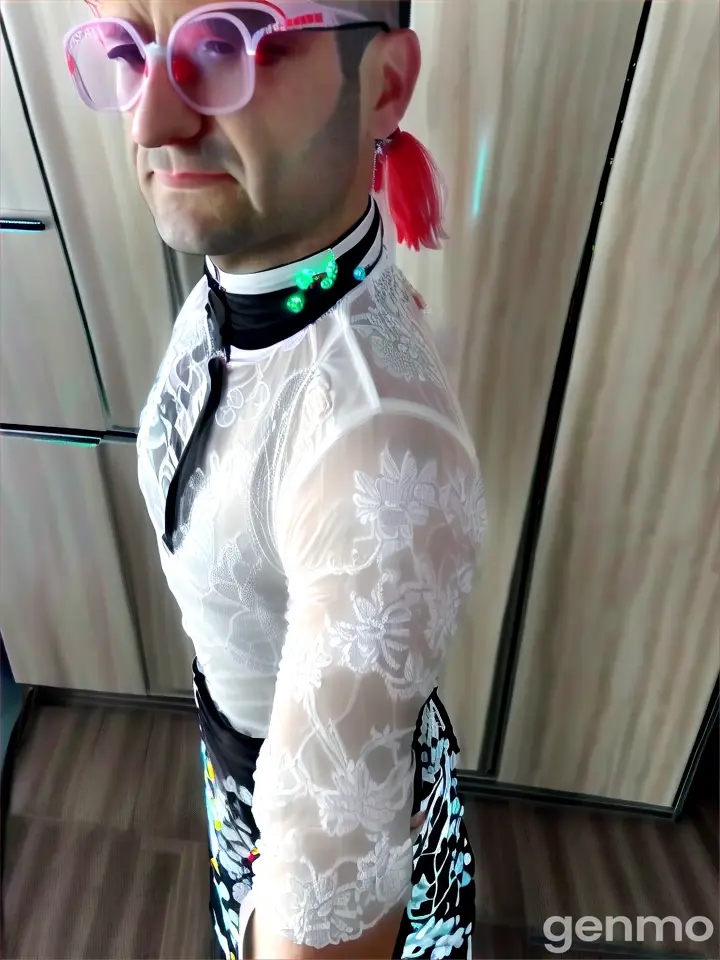 A man in white top and black and white dress dancing under neon lights in a lively nightlife scene in flower maxi skirt
