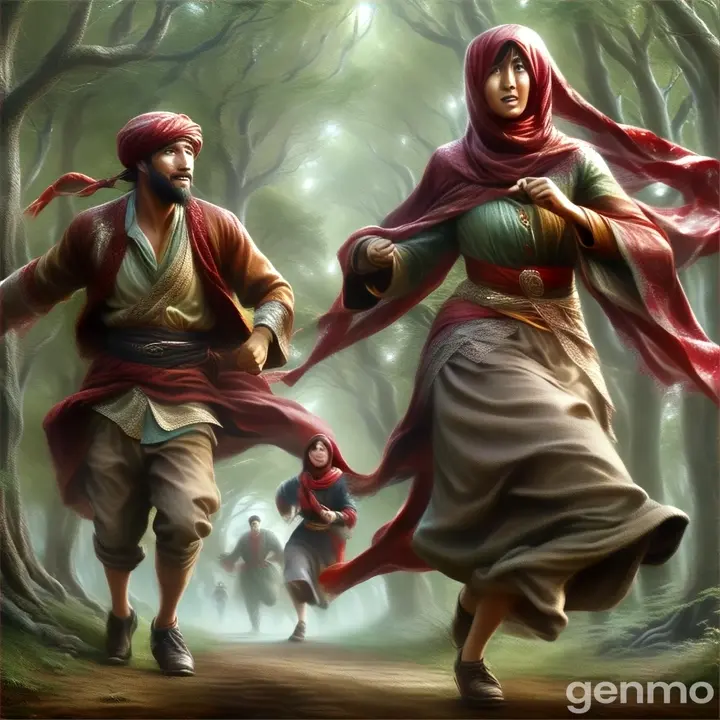 a painting of a man and a woman running through a forest