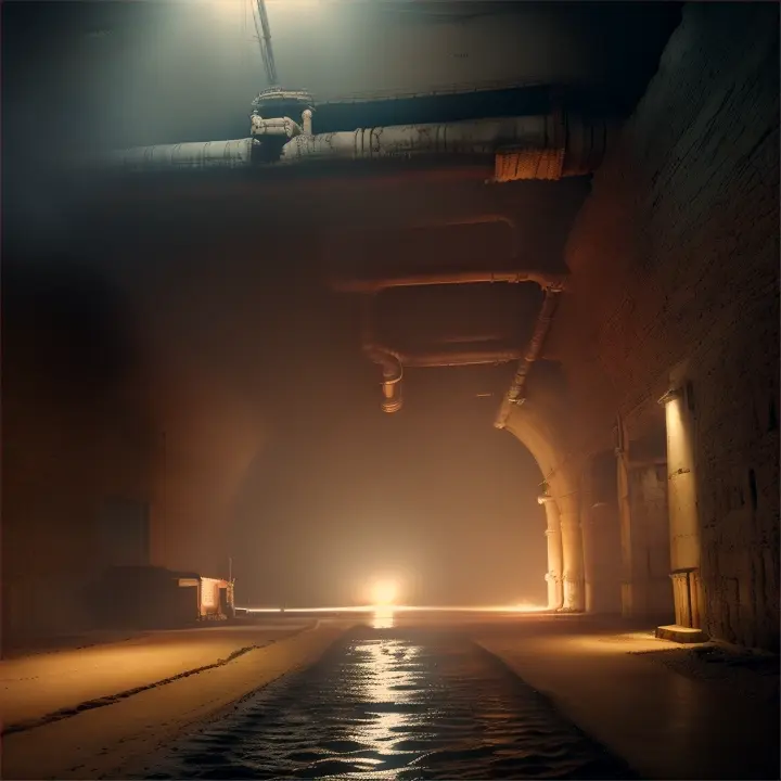 A gritty, cinematic, and emotionally charged video sequence from the Tamil blockbuster "Kaththi", set in a colossal, dimly lit, ancient cement water pipe filled with only a few inches of water. The pipe's interior is illuminated by eerie, glowing lights, casting long, ominous shadows. Ten rugged, 60-year-old men, each dressed in full-sleeved shirts of various colors and traditional attire like lungis or pants, sit on the pipe's ground, one behind the other in a long, row  arrangement. The camera pans from the first old man to the last sitting actor Vijay, the lead actor, who wears a gray shirt and black pants, his face etched with anger and hunger. The scene transitions from a close-up (pan shot) to an ultra-wide shot, emphasizing the claustrophobic setting and the intensity of the characters' emotions, creating a tense, dramatic atmosphere.