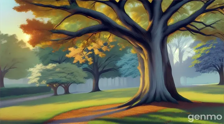 A painting of a tree in a park during golden hour, with light filtering through the leaves