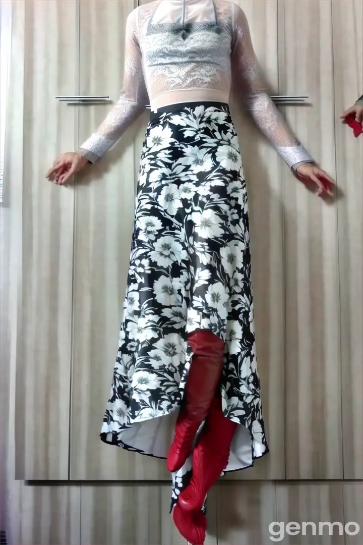 a man in a skirt and top with red boots