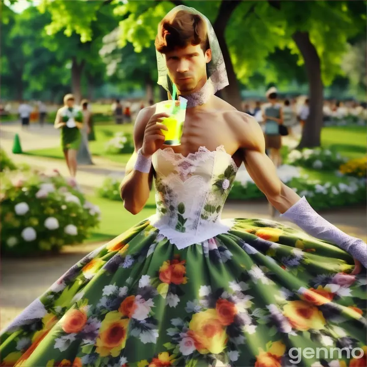 a man in a green dress holding a drink