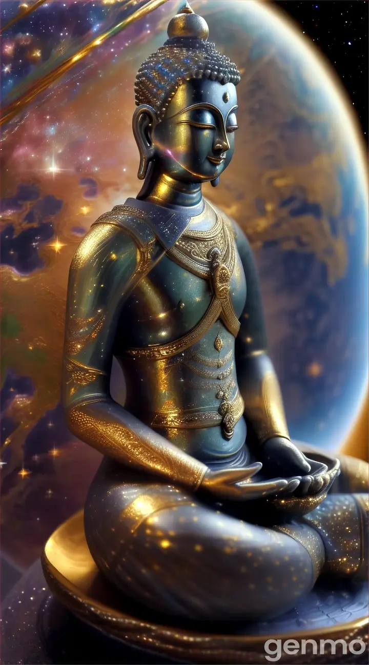 A figure  Buddha sitting on an Earth-like globe, surrounded by glittering stars, gazing out into the universe with a relaxed, meditative demeanor.