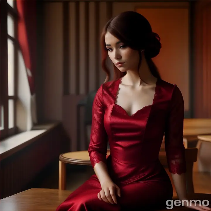 a woman in a red dress sitting on a table