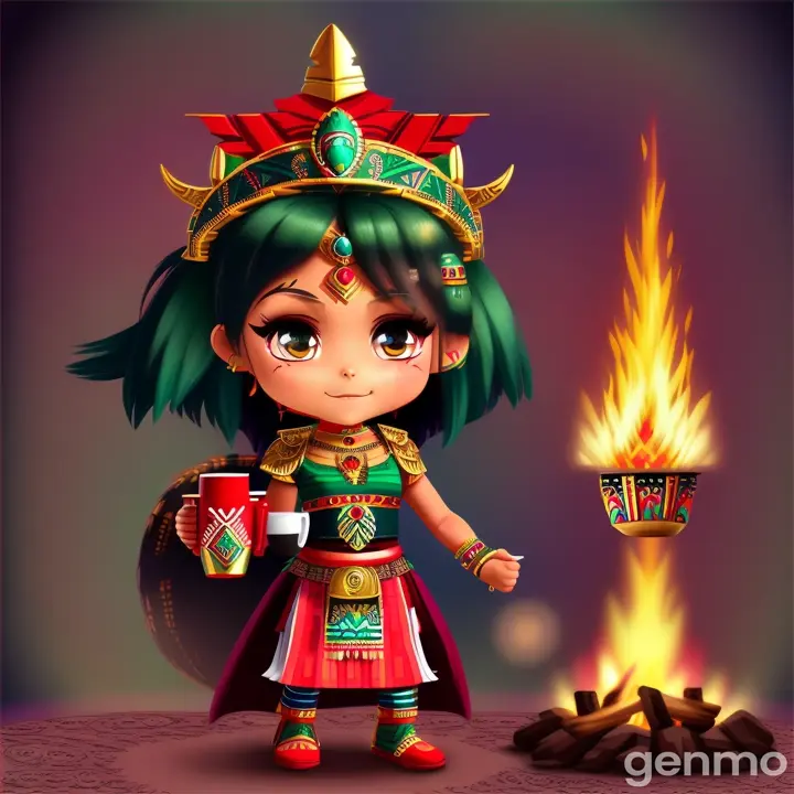An Aztec princess figure in Aztec warrior attire, wearing emerald and ruby ​​jewelry, cute, chibi style, highly detailed, polished, 40k. in  in front of a campfire holding a cup of hot  chocolate 