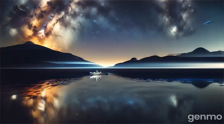 Astronaut rowing boat with the Milky Way and a cartoonish whale leaping in the background