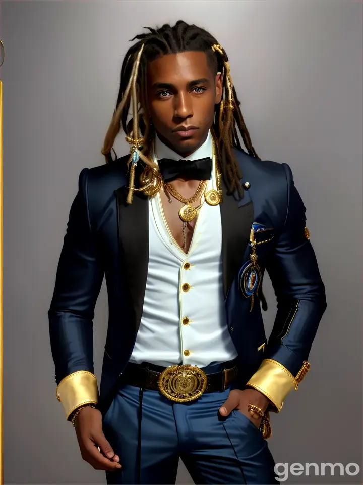 Dark-skinned young man, blue eyes and black jacket, Dreadlocks azul claro, estilo de cabelo dreadlock, not anime style, colourful drawing, unrealistic character concept, Portrait of my character concept, detailed portrait of the character, anime style character, anime style portrait, a character portrait, cel - shaded art style, His outfit consists of a black, unbuttoned blazer with gold buttons on the front of the blazer and at the bottom of the sleeves and he wears a white V-neck shirt, White pants, a large black belt with a gold buckle, a smaller black belt hanging from the side of the hip, and is wearing beige shoes with black buckles, inspired by King of Fighters with hands on head, he is wearing a red cloak and has tattoos all over his body 
