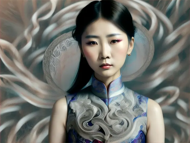 Asian woman hypnotisf in a sleeveless chinese dress hypnotizing you with distorted effects