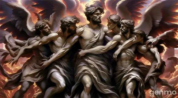 a painting of a man being hugged by two angels