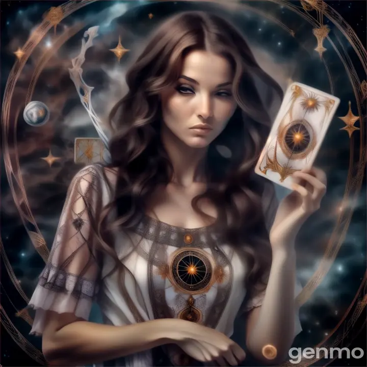 a woman holding a tarot card in her hand dark surreal mysterious very detailed high resolution in black and white