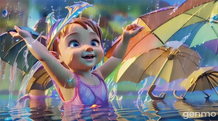 A 3d cartoon a little girl in a body of water with an umbrella