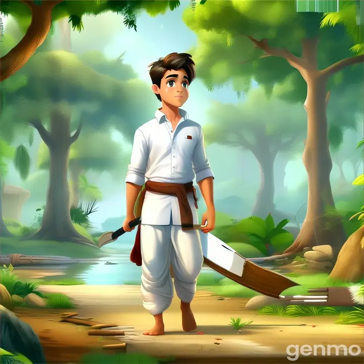 a handsome boy wearing white shirt and white dhoti cutting wood with axe 3D animation cartoon zoom out 