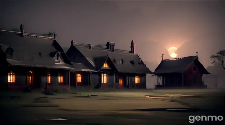 A dark, eerie night in a small Indian village with a full moon casting a pale glow. In the center, an old, dilapidated mansion looms large with broken windows, overgrown vegetation, and cracked walls. The atmosphere is heavy with suspense and fear, with shadows lurking in every corner. A faint mist surrounds the mansion, adding to its ghostly appearance.